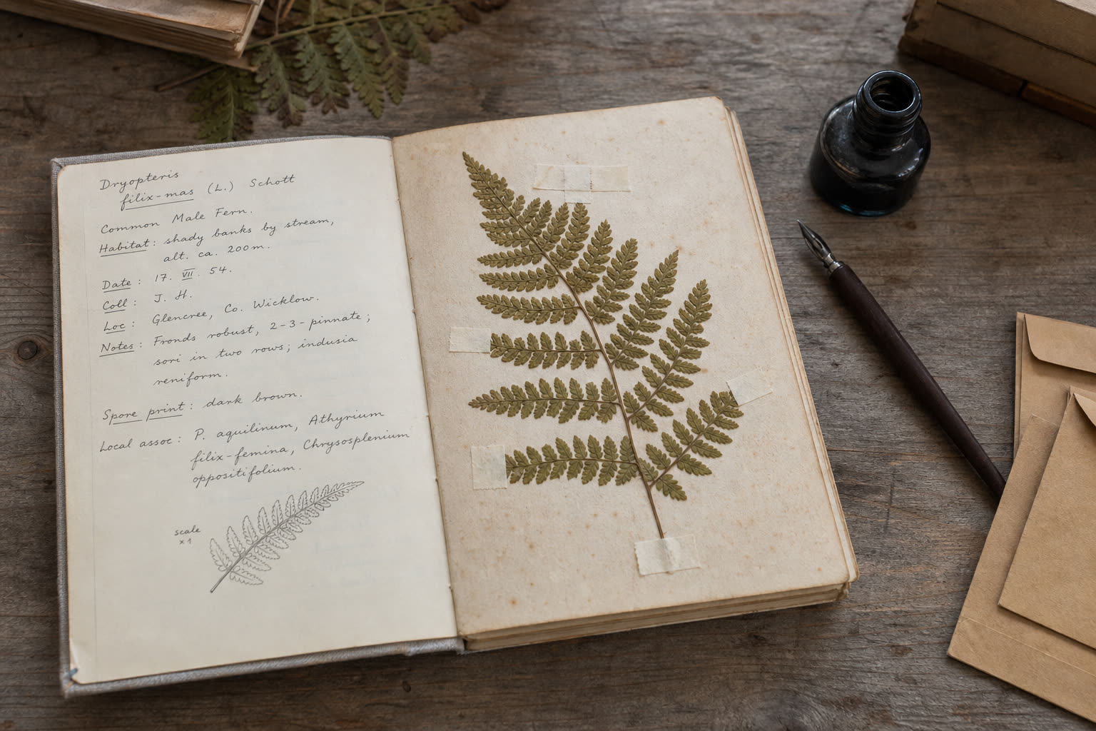 Open field notebook on the shop table: ink notes on the left leaf, a pressed fern taped to the right, dip pen and inkwell beside kraft envelopes