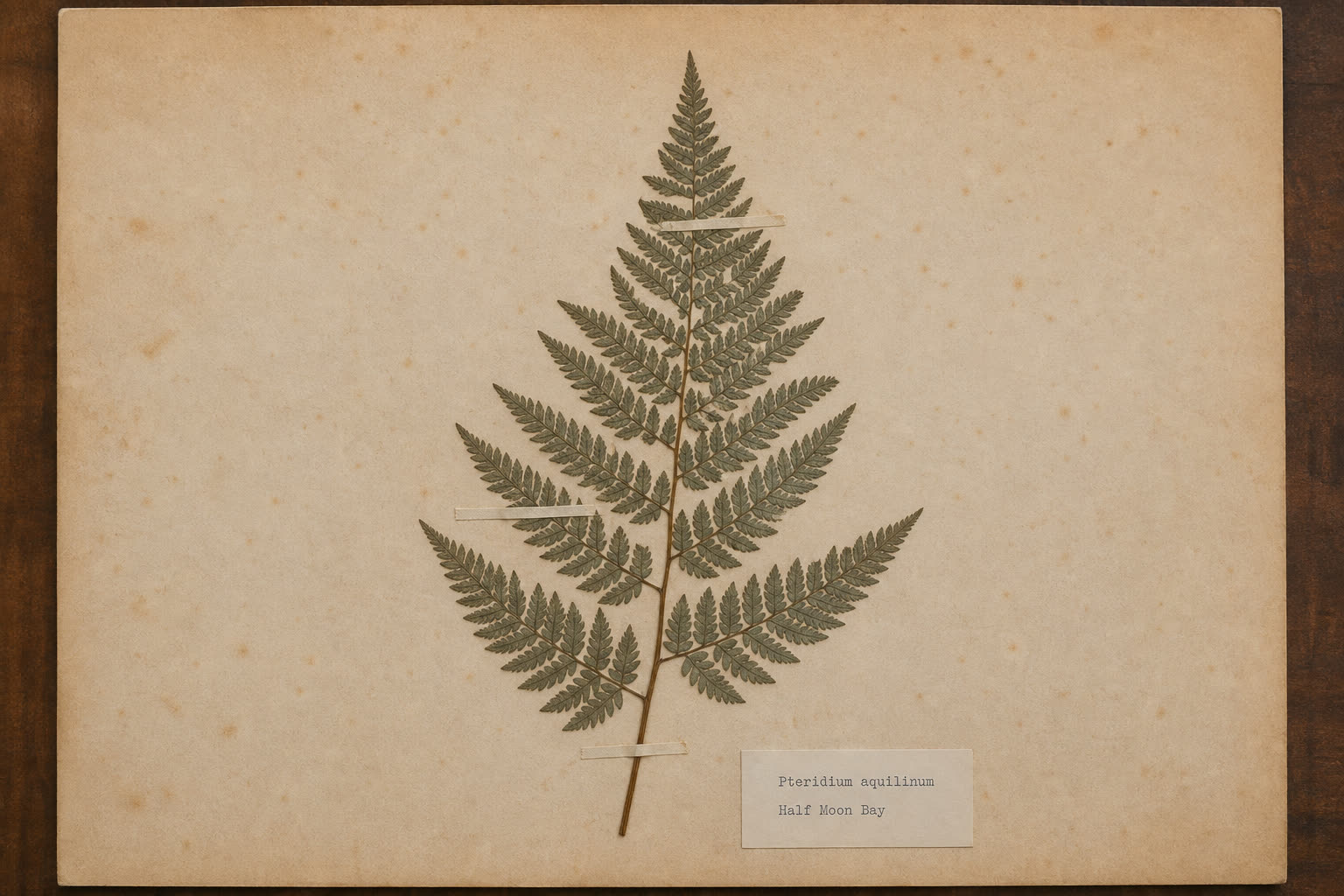 Full herbarium sheet with a single pressed bracken frond fixed to foxed cream paper with linen tapes and a small typed label